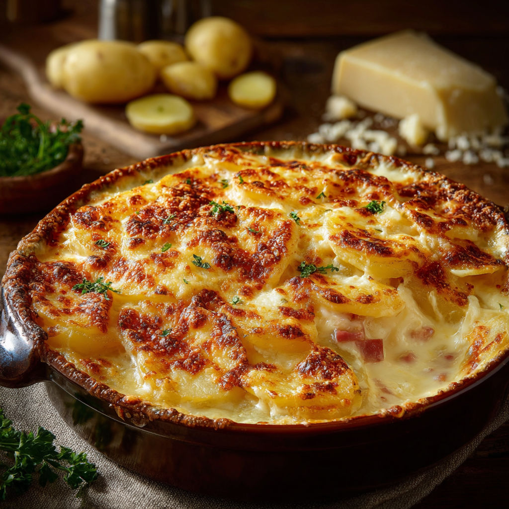Une tarte au potato et au fromage, avec des pommes de terre et du fromage râpé.