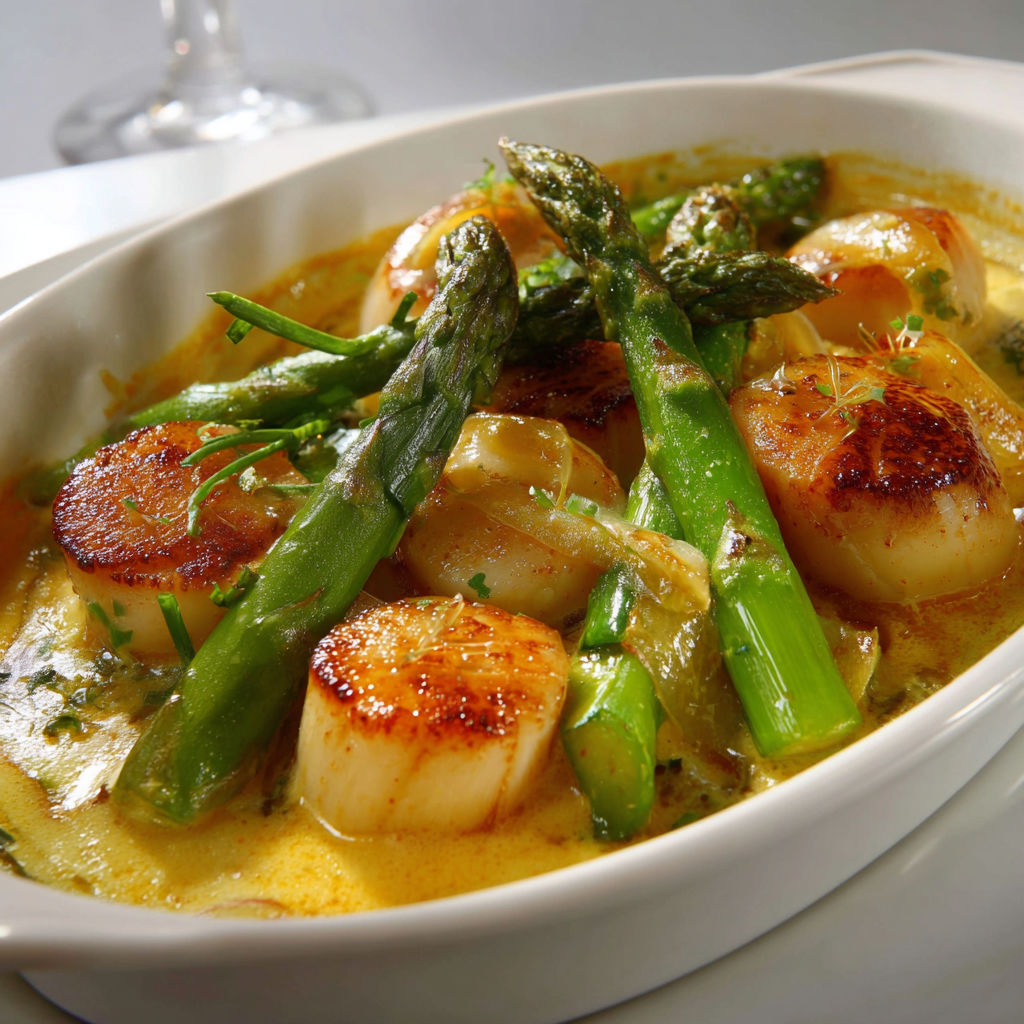 Une recette de bouillabaisse avec des asperges, des champignons et des moules.