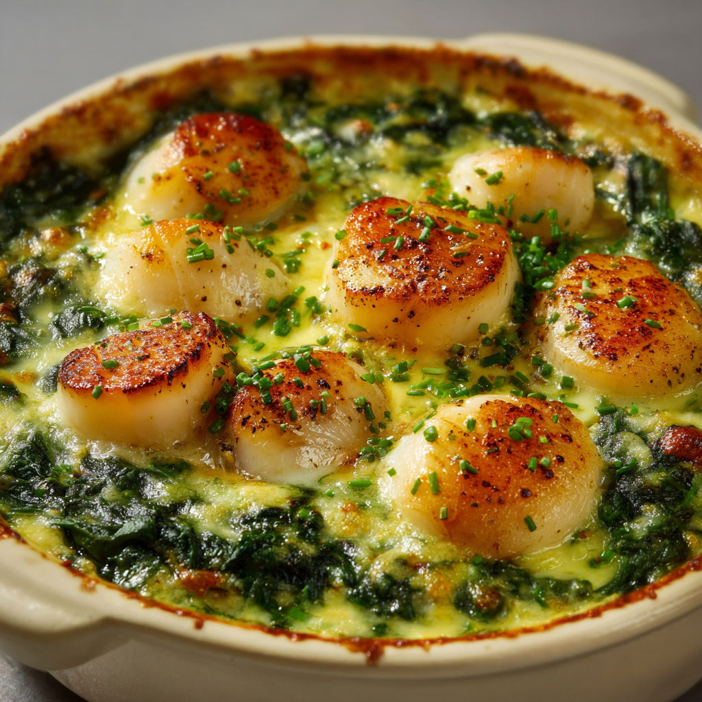 Une casserole de Saint-Jacques aux épinards est servie dans un bol en terre.