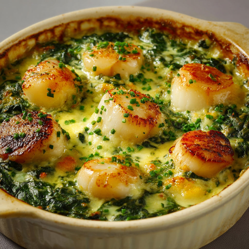 Une casserole de Saint-Jacques aux épinards est servie dans un bol en terre.