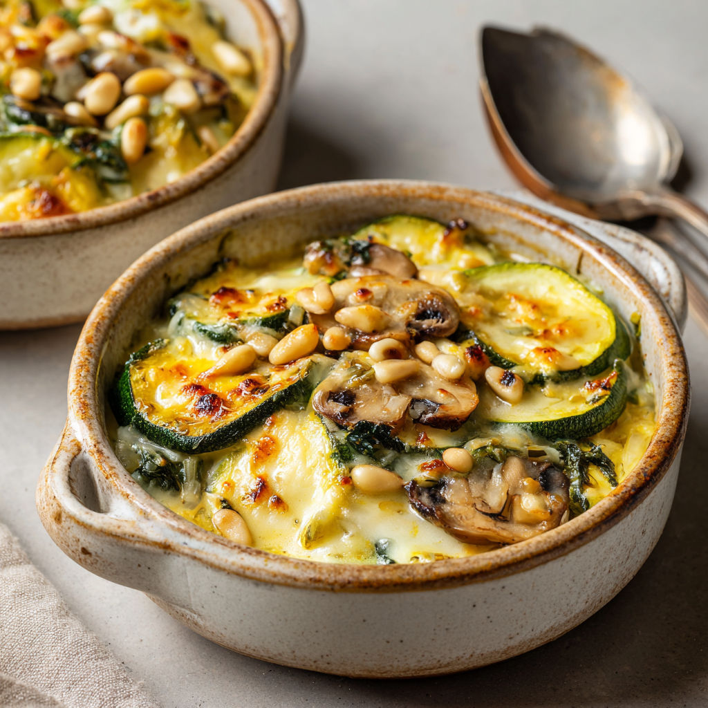 Une casserole de courgettes et de champignons est servie dans un bol en céramique.