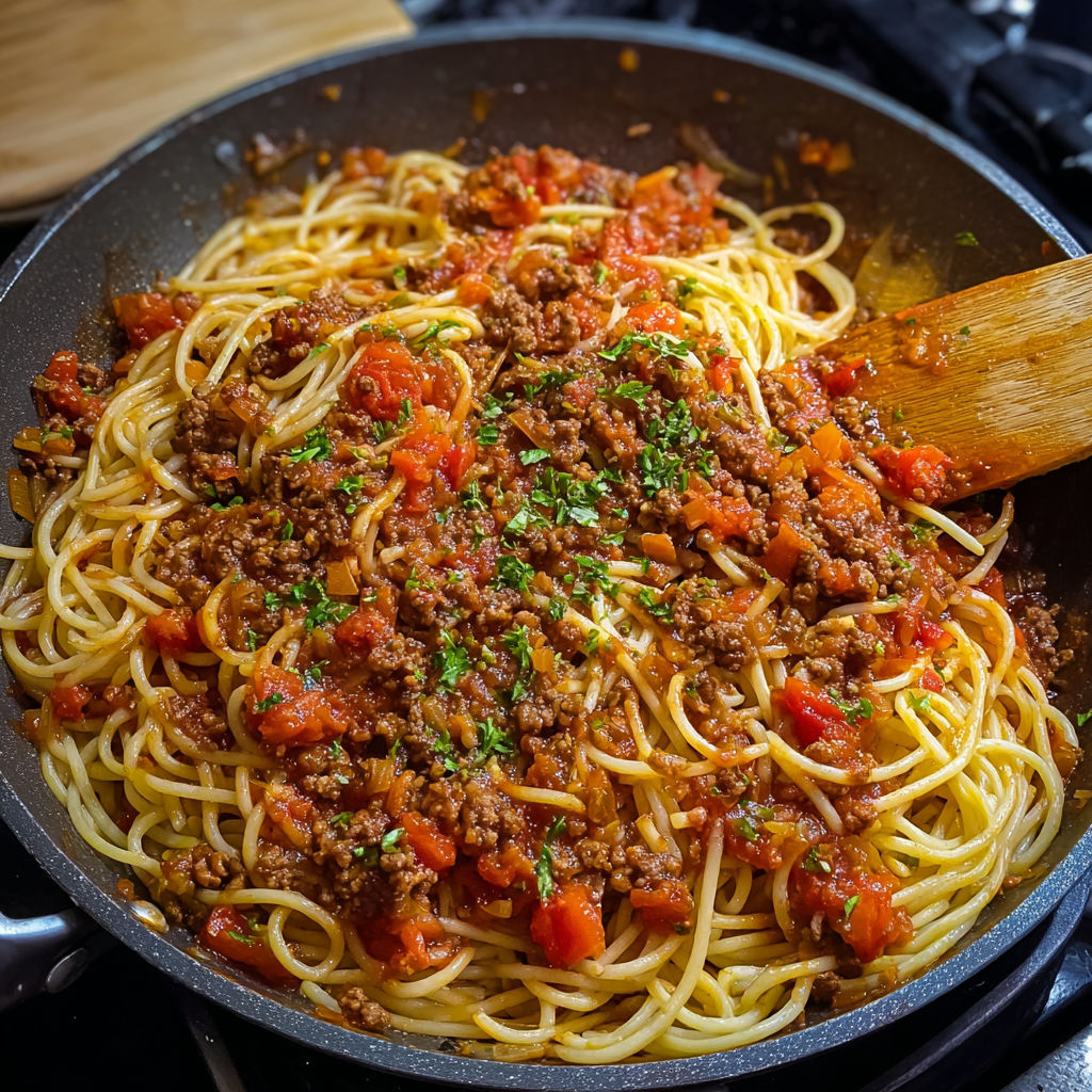 Une recette de spaghetti bolognaise est servie dans un bol en acier.