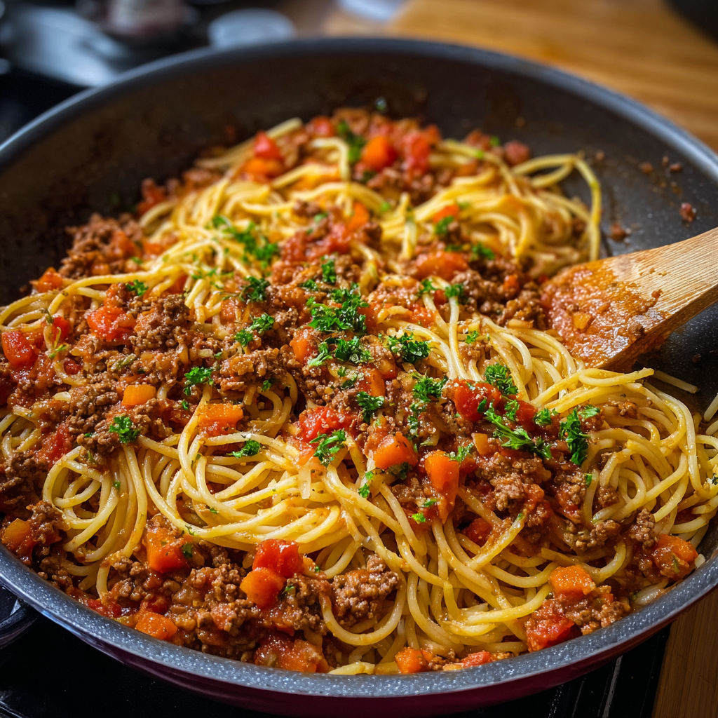 Une recette de spaghetti bolognaise est servie dans un bol en acier.
