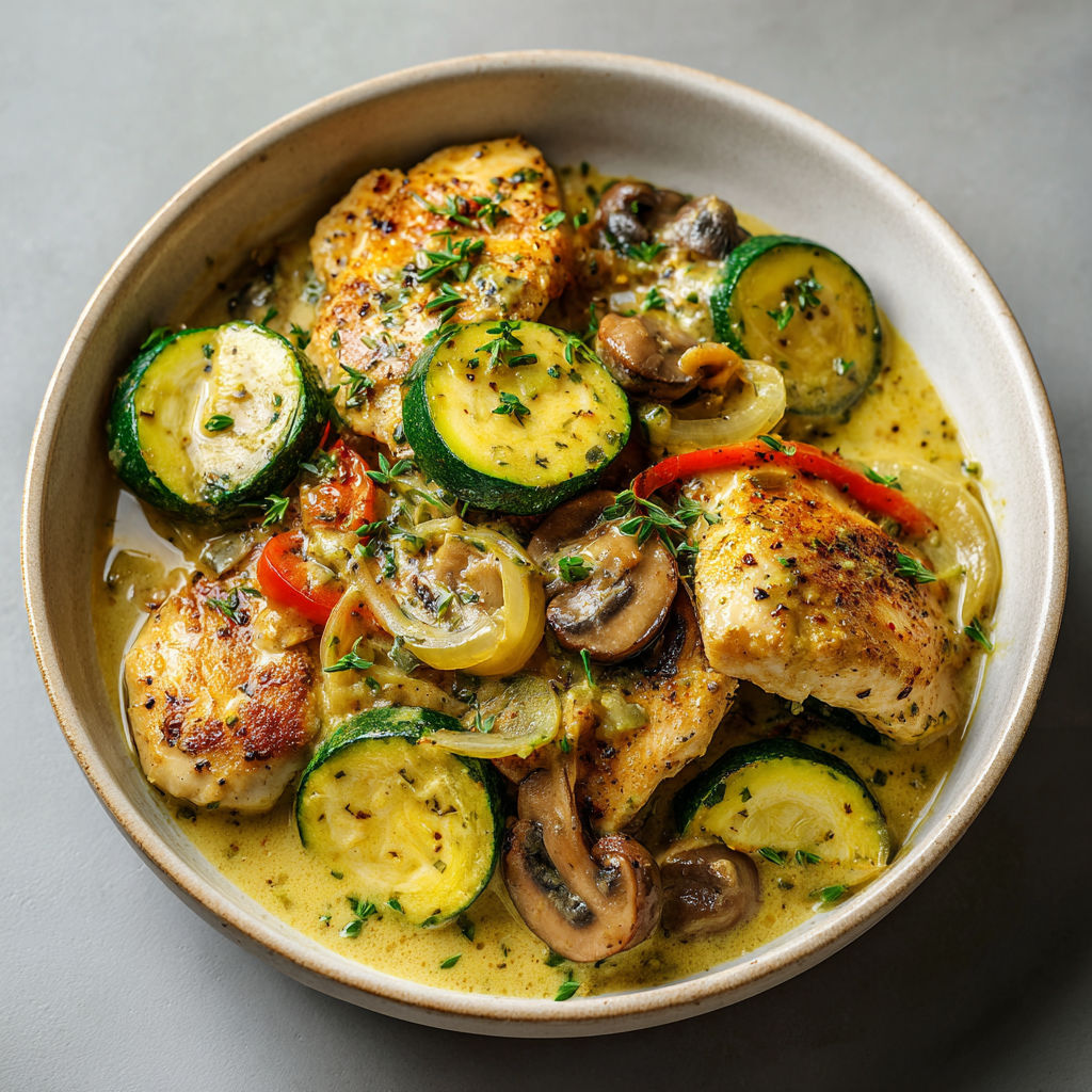 Une cassolette de courgettes, champignons et escalope est servie dans un bol sur une table.