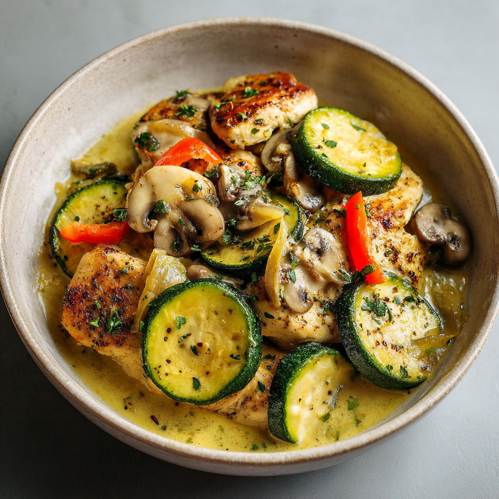 Une cassolette de courgettes, champignons et escalope, servie dans un bol.