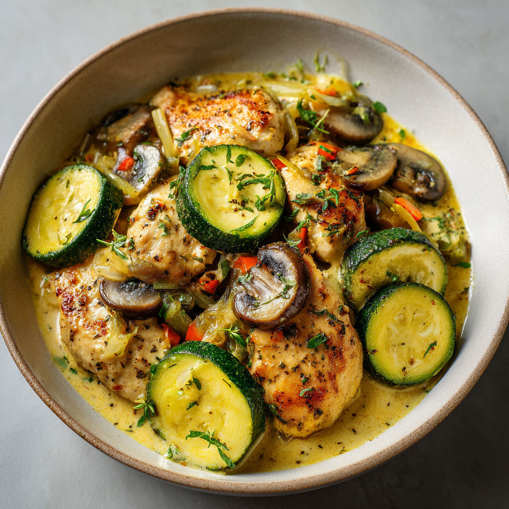 Une cassolette de courgettes, champignons et escalope est servie dans un bol.