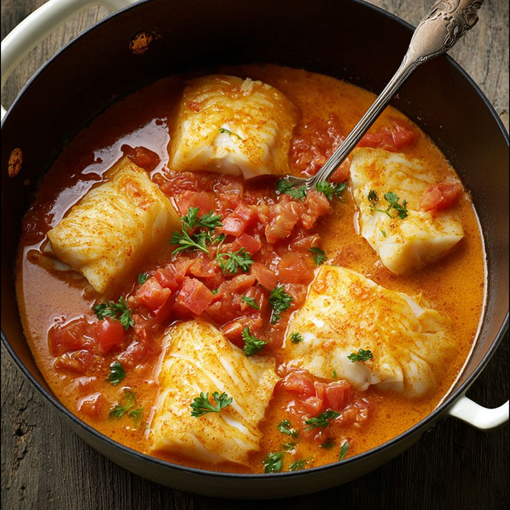 Une recette de Lotte à l'Armoricaine est servie dans un bol en fer.