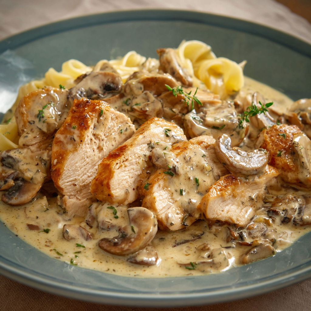 Une assiette de volaille à la moutarde, avec des champignons et des spaghetti.
