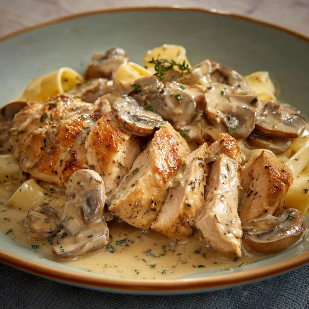 Une recette de poulet avec des pâtes et des champignons.