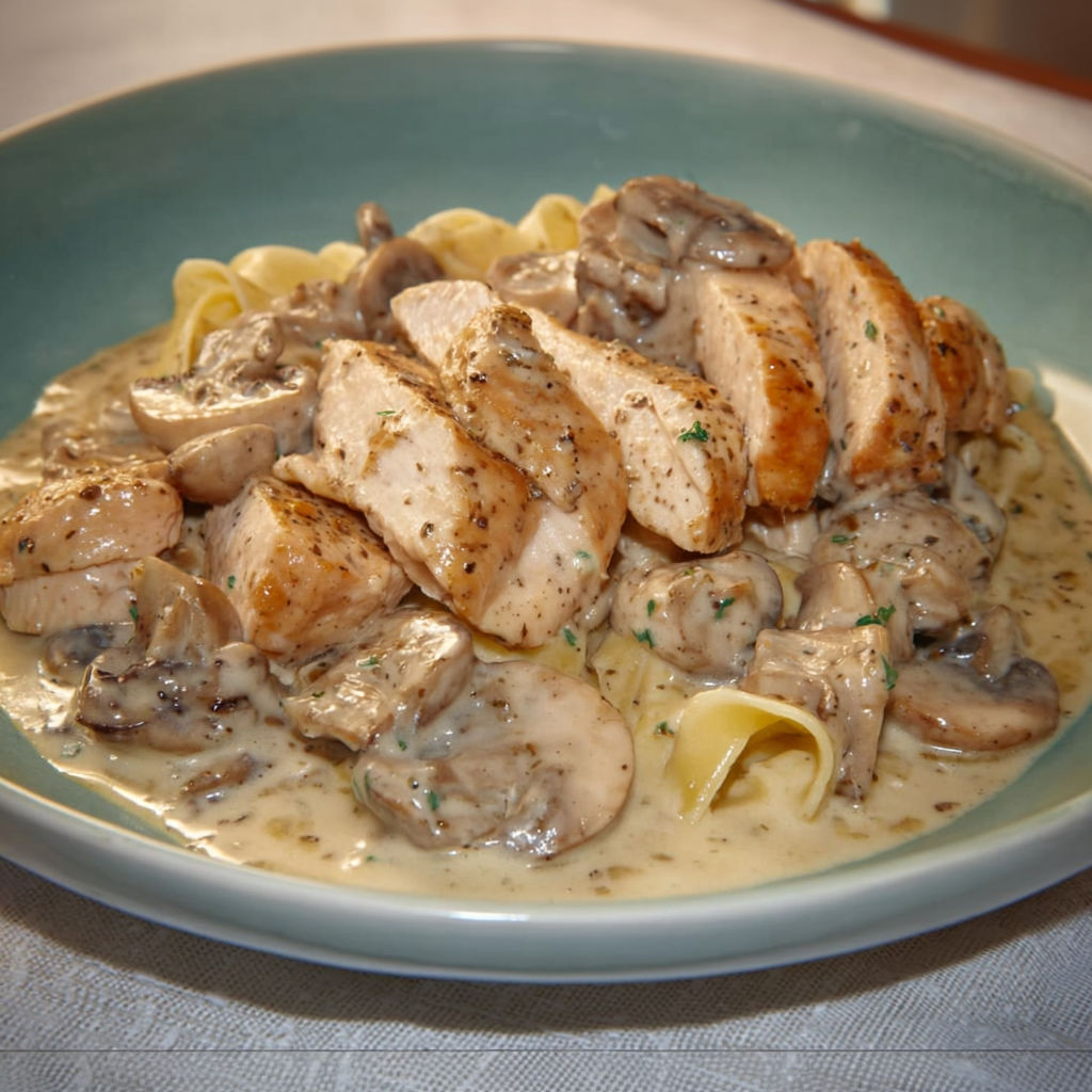 Une plate de spaghetti avec des champignons et des viandes grillées.