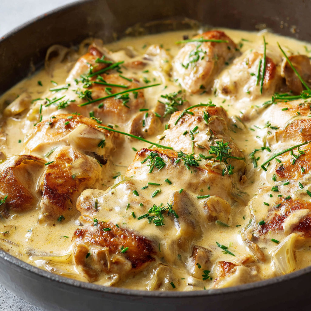 Une casserole de poulet à la moutarde et à la crème, servie dans un bol en métal.