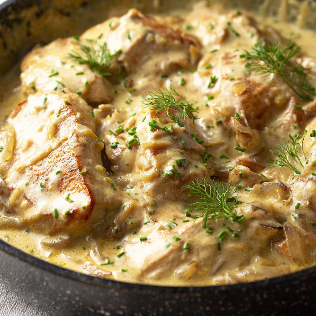 Une recette de chicken en creme, avec des herbes et des champignons, est servie dans un bol.