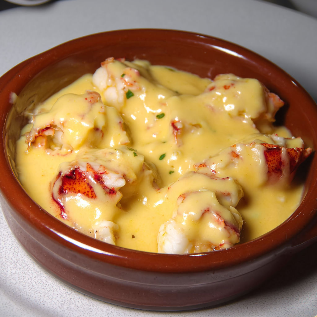 Une casserole de Saint-Jacques et homard est servie dans un bol en terre.