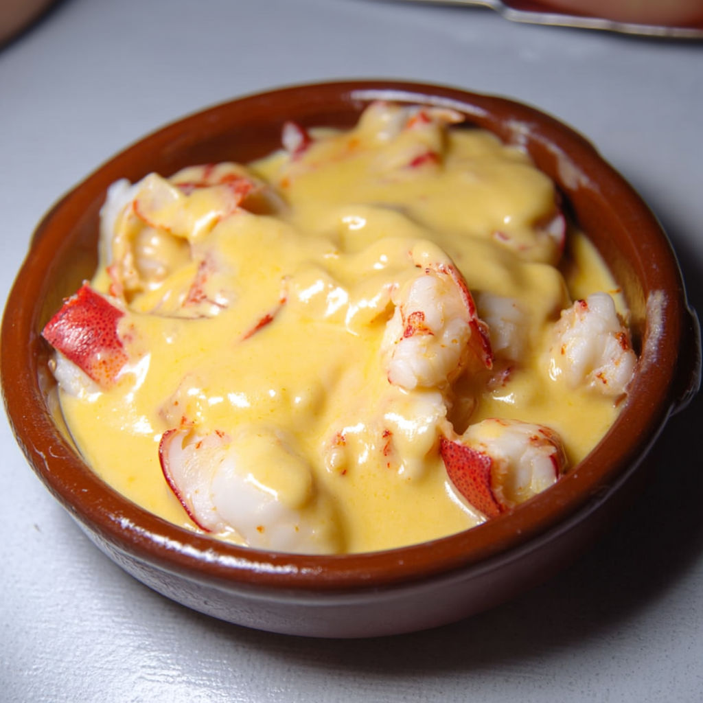 Une casserole de Saint-Jacques et de homard est servie dans un bol en terre.