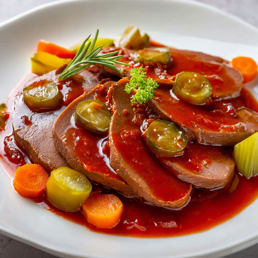 Langue de boeuf sauce piquante à l'ancienne, une recette traditionnelle qui combine des carottes, des oignons, des épinards et des herbes pour créer une sauce piquante et savoureuse.
