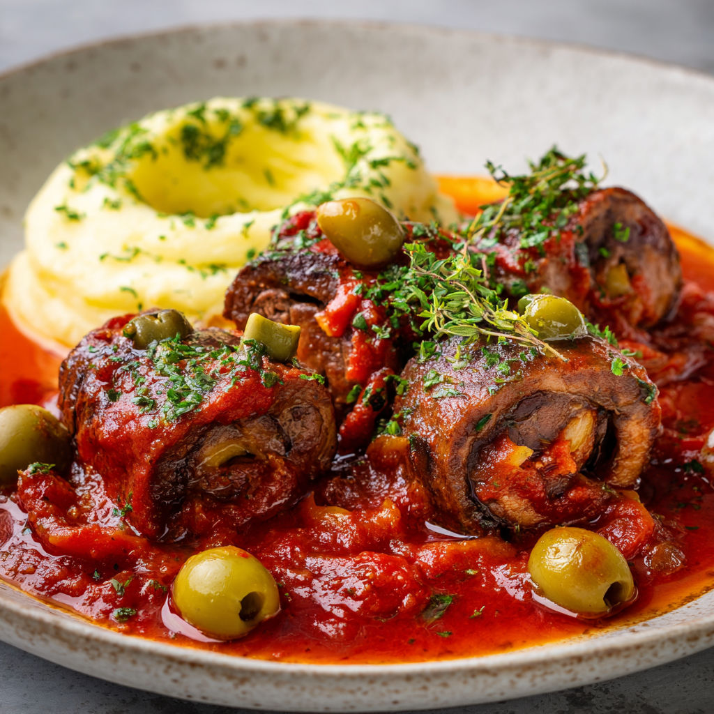 Une assiette de viande de boeuf marinée à la sauce tomate et ail des ours.