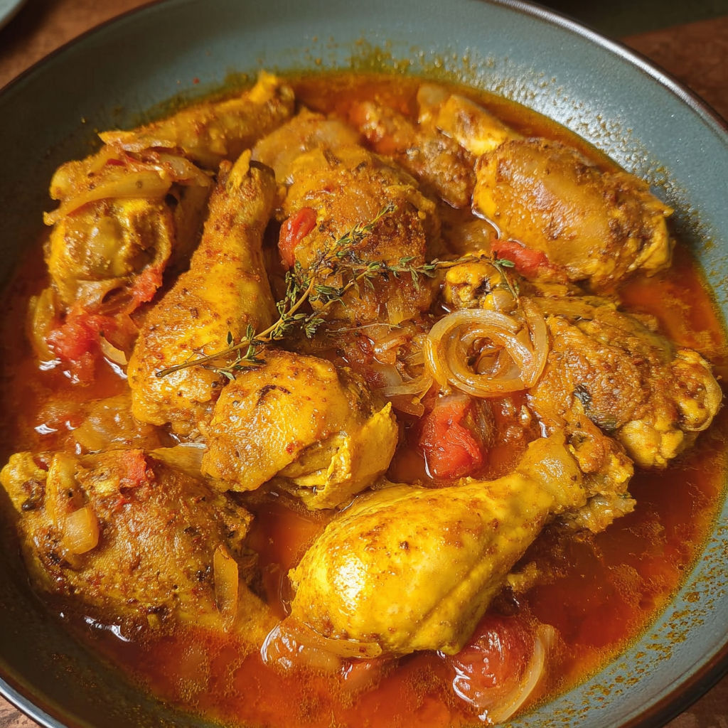 Une casserole de poulet réunionnais est servie dans un bol bleu.