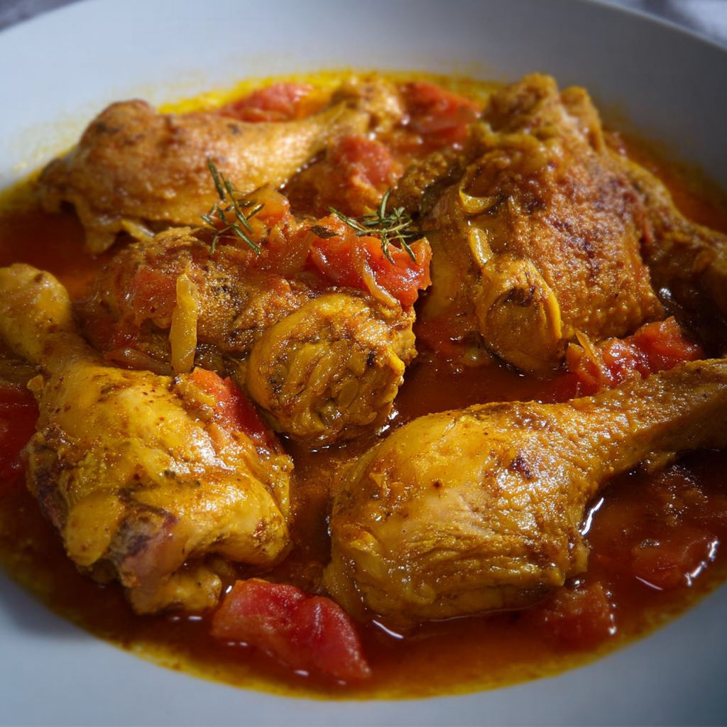 Une recette de poulet rôti avec des tomates et des herbes.