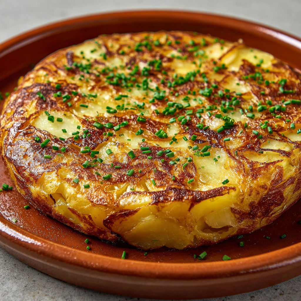 Une tortilla espagnole croustillante aux pommes de terre et oignons est servie sur un plateau en céramique.