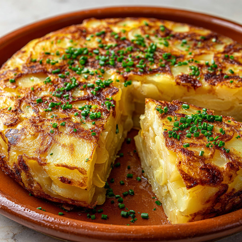 Une tarte aux pommes de terre est servie sur un plateau en terre.