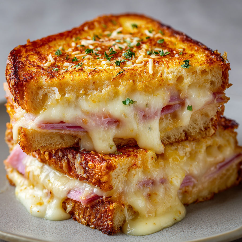 Une image de sandwichs croque-monsieur avec du fromage et du jambon.
