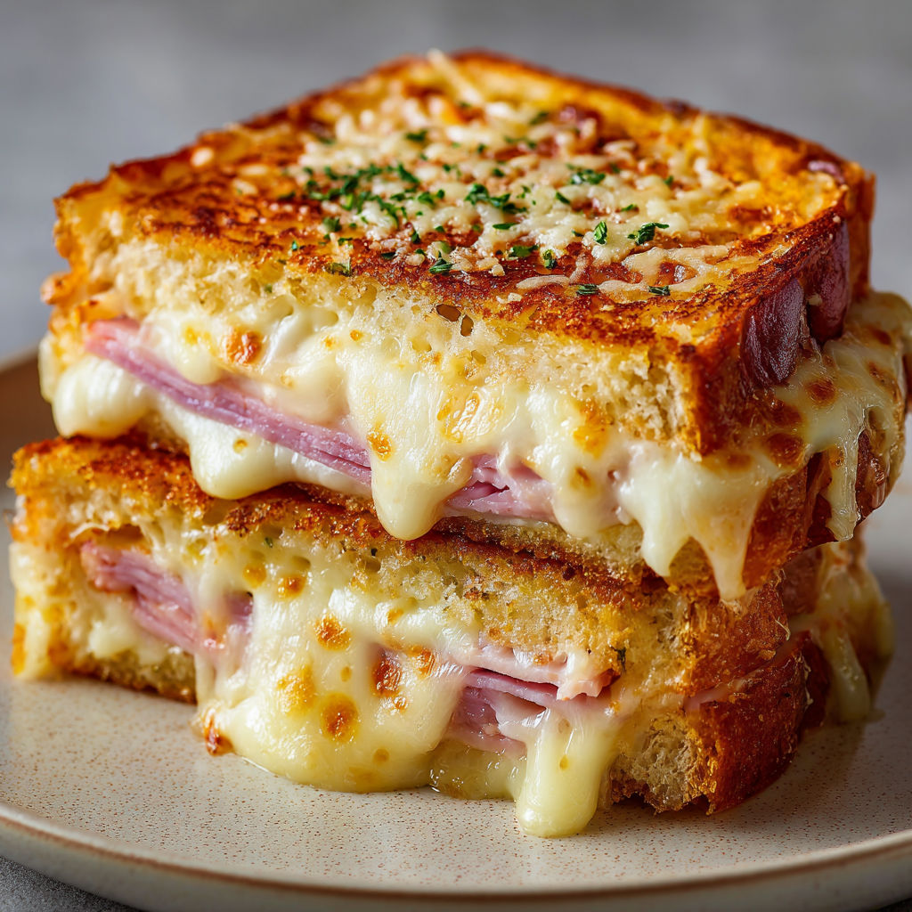 Un sandwich croque-monsieur au fromage et jambon, avec des herbes vertes sur le dessus.