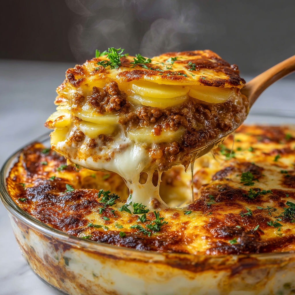 Une gratinée de boeuf et de pommes de terre au fromage, prête à être servie.