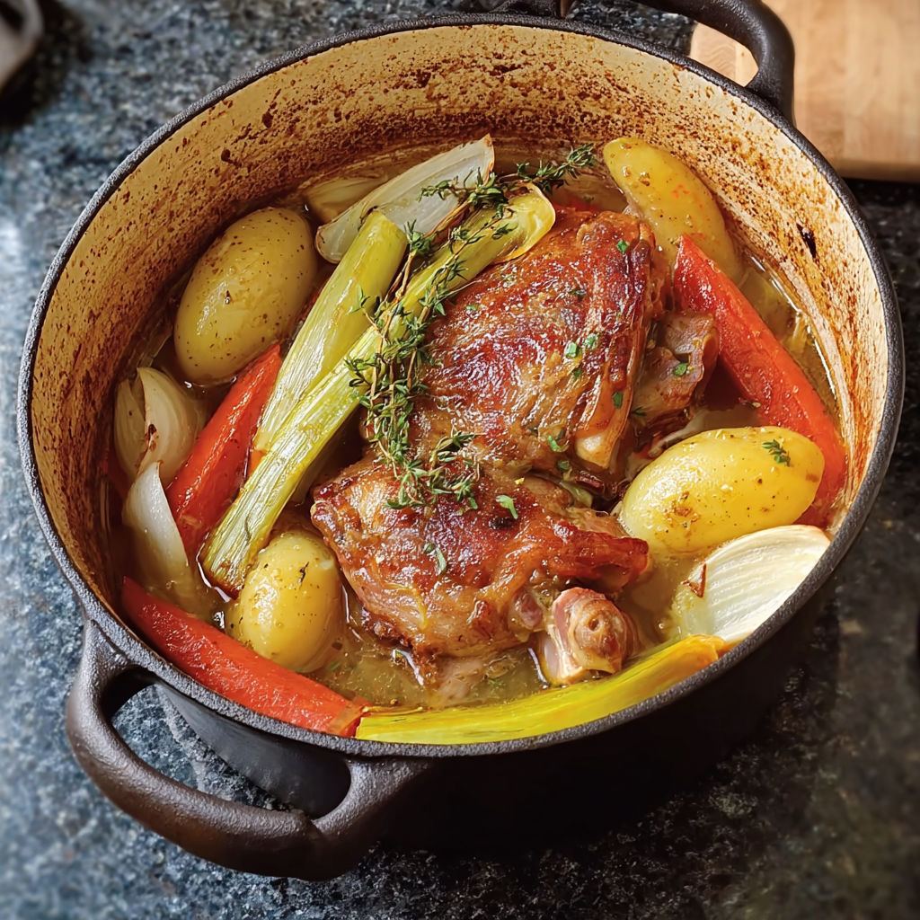 Une cocotte en fonte contenant des légumes et du porc braisé.