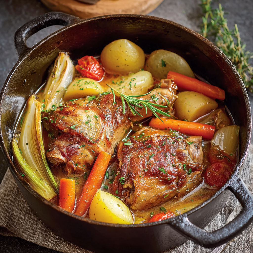 Une cocotte en fonte contenant des légumes et des morceaux de porc braisés.