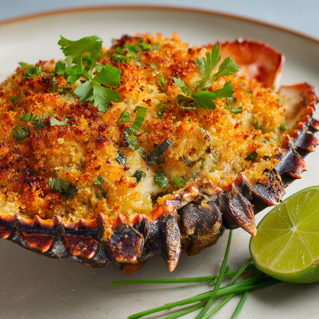 Une recette de crabe farci est servie sur un plateau avec une salade verte.