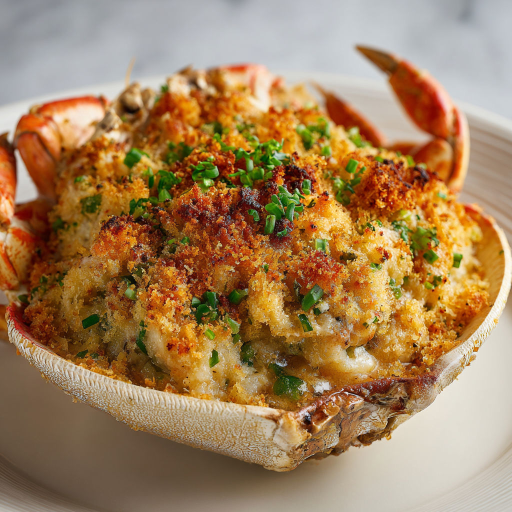 Une recette de crabe farci est servie sur un plateau en céramique.