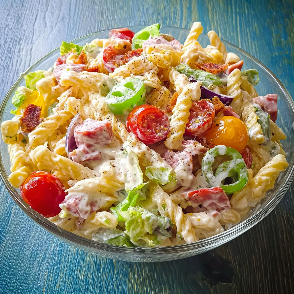 Une salade de pâtes étagée, remplie de tomates, de concombre, de salade verte et de pâtes, est servie dans un bol sur une table.