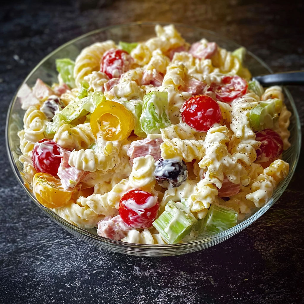 Une salade de macaroni avec des fruits rouges et des tomates.