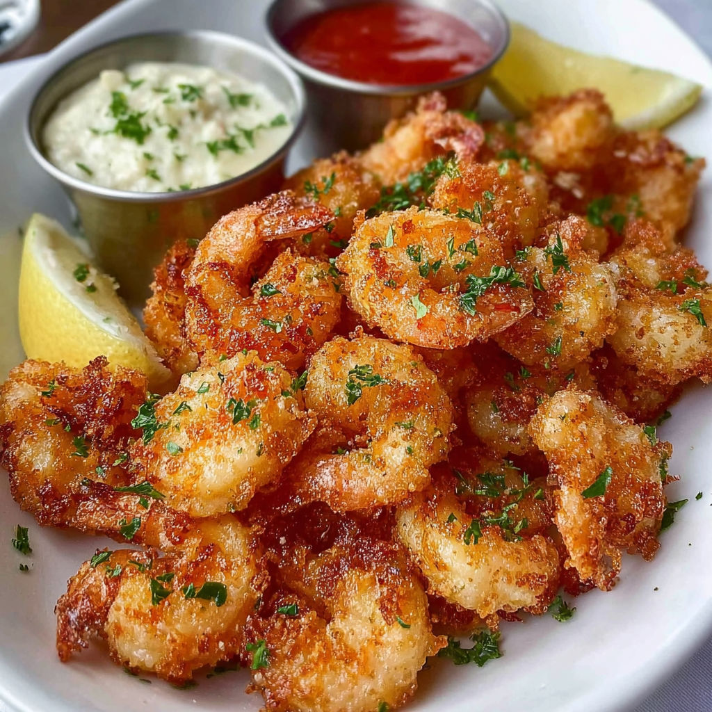 Une assiette de crevettes frites croustillantes accompagnées de sauce et de citron.