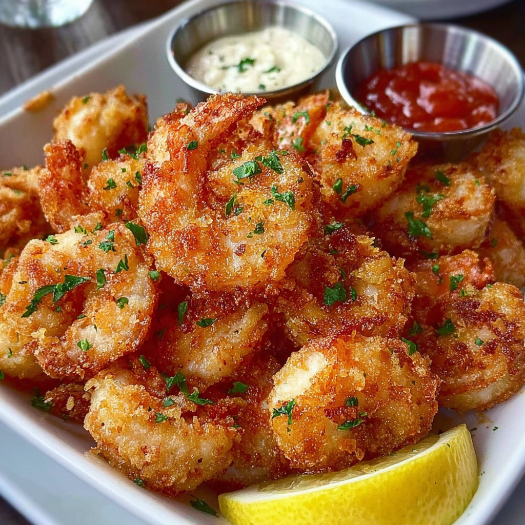 Une assiette de crevettes grillées avec une sauce et une cuillère.