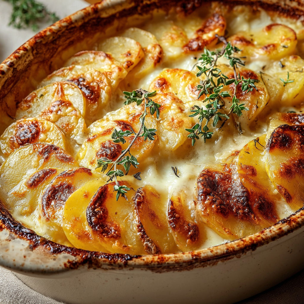 Une gratinée de pommes de terre germées et fromage, cuit dans un bol en céramique.