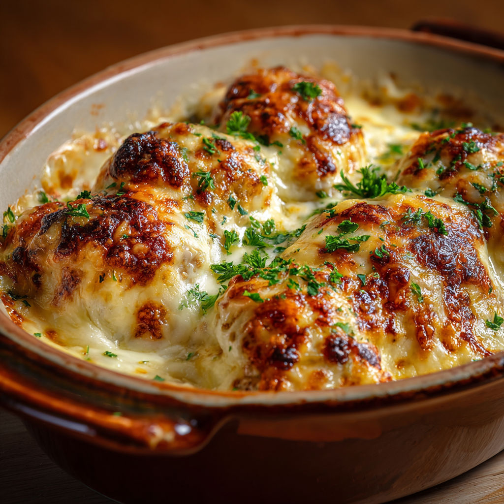 Une casserole de Quenelles de Volaille Gratinées au Comté est servie dans un bol en terre.
