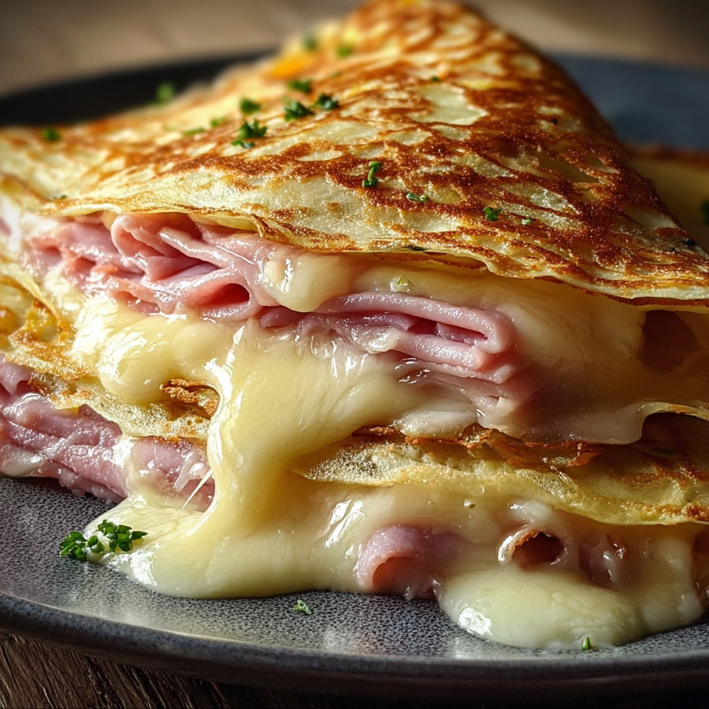 Une sandwich de ham et de fromage, avec des herbes vertes sur le dessus.