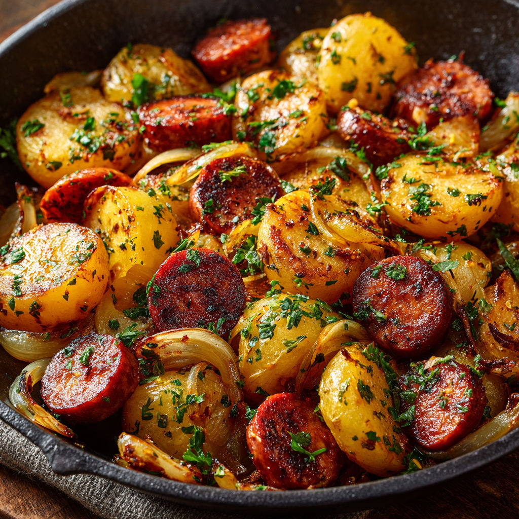 Une poêlée de pommes de terre et saucisses fumées, avec des herbes fraîches et des légumes, est servie dans un bol sur une table.