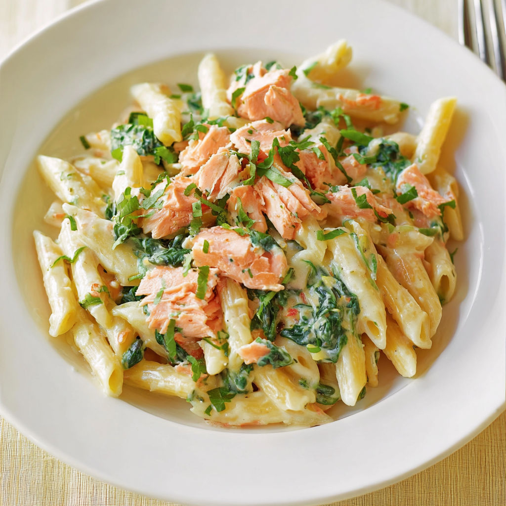 Une assiette de pâtes à la crème et au saumon, garnie de pâte de cilantro et de légumes verts.