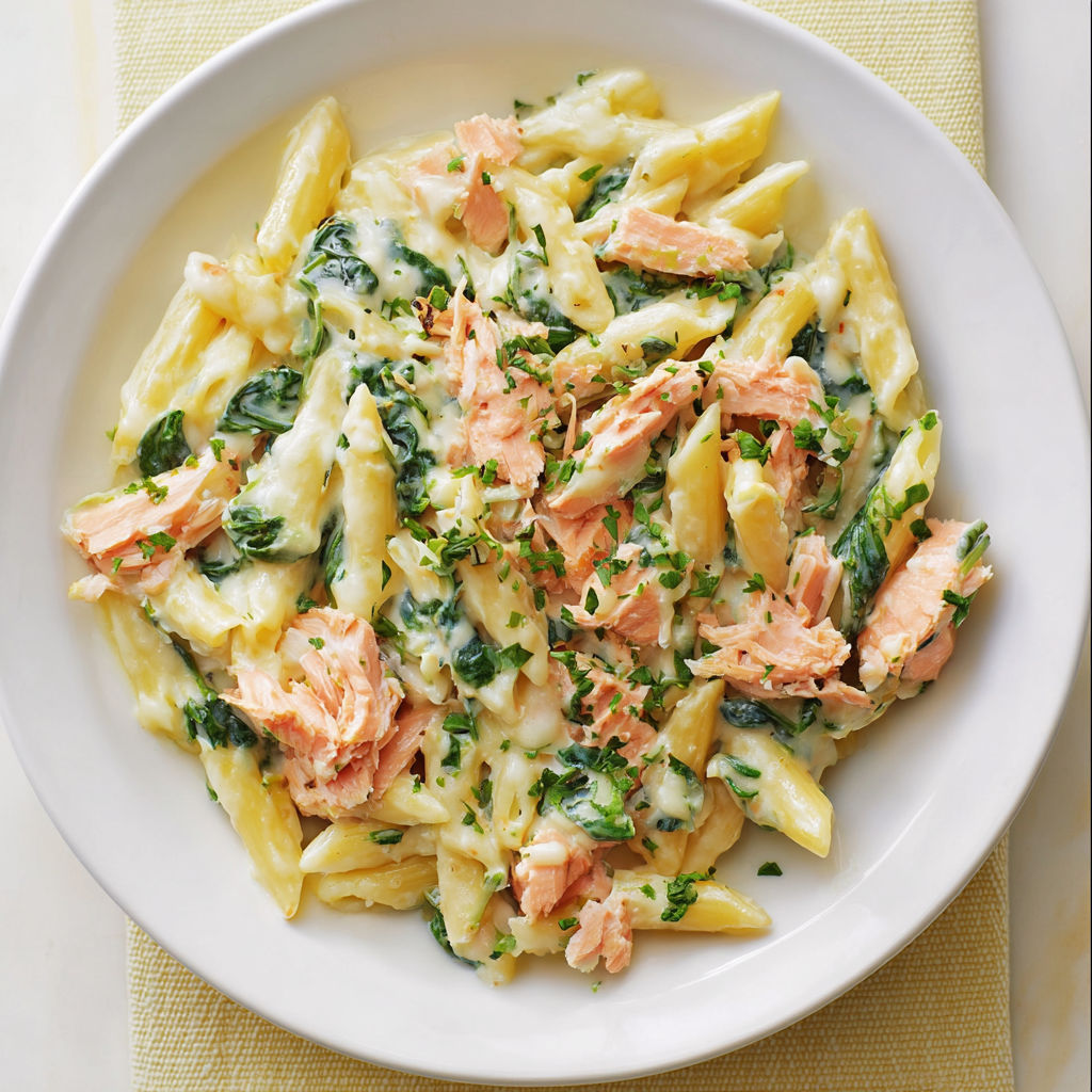Une salade de pâtes et de saumon avec des herbes vertes.