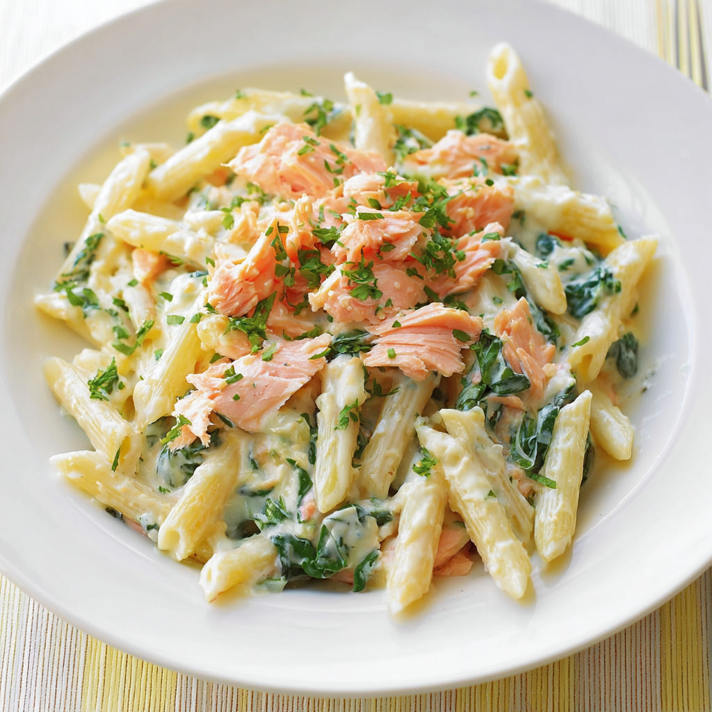 Une plate de penne avec des légumes verts et des morceaux de saumon.