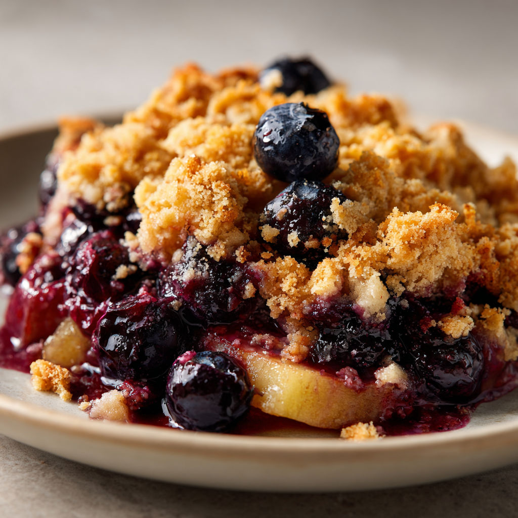 Une tarte aux fruits rouges et noires, avec des baies et du crumble, est servie sur un plateau.