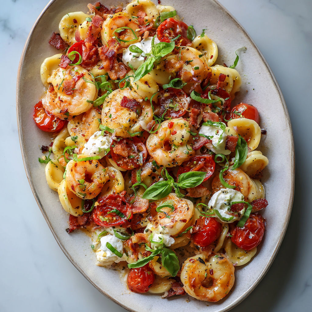 Une assiette de pâtes à la sauce tomate, aux crevettes et au bacon.