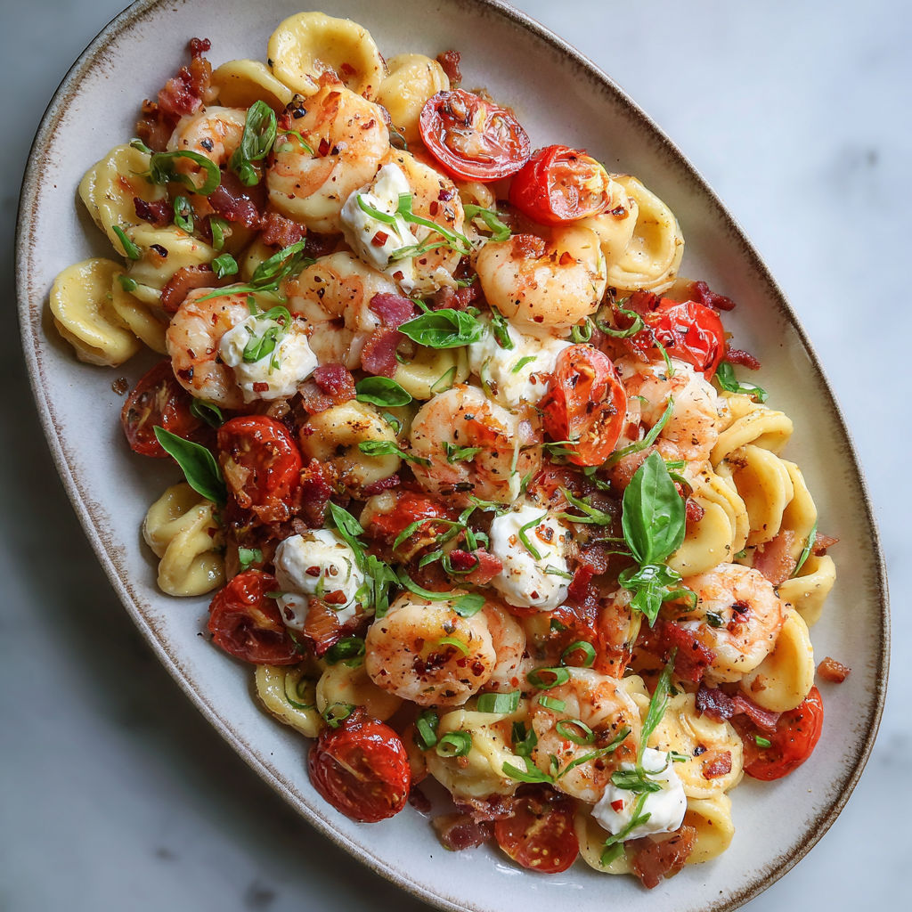 Une salade de crevettes et tomates, avec des pâtes et des herbes, est servie sur un plat en céramique.