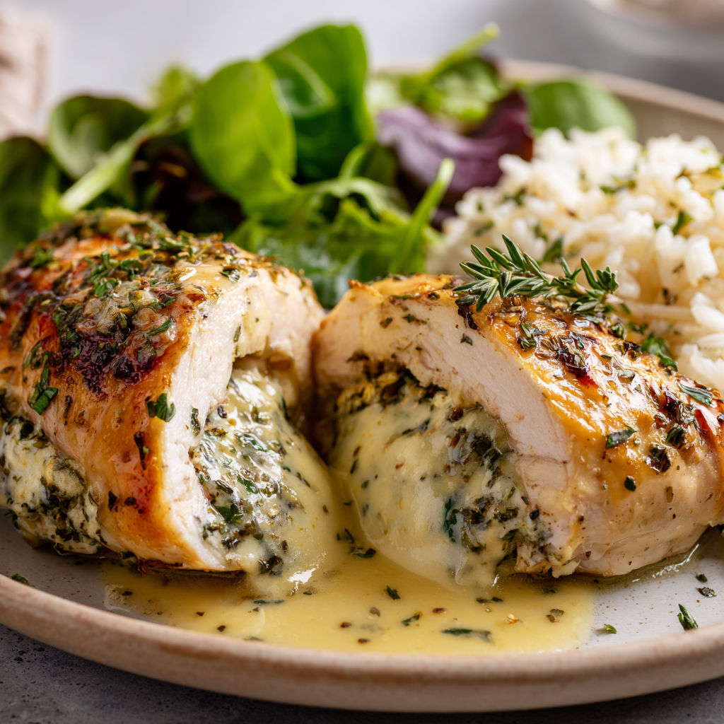 Un poulet farci au fromage brie sur un plateau.
