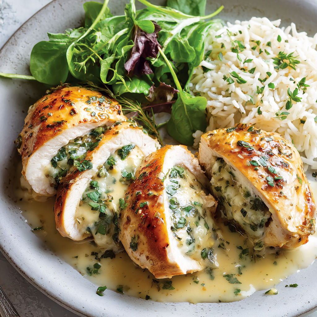 Chicken with herbs and rice on a plate.
