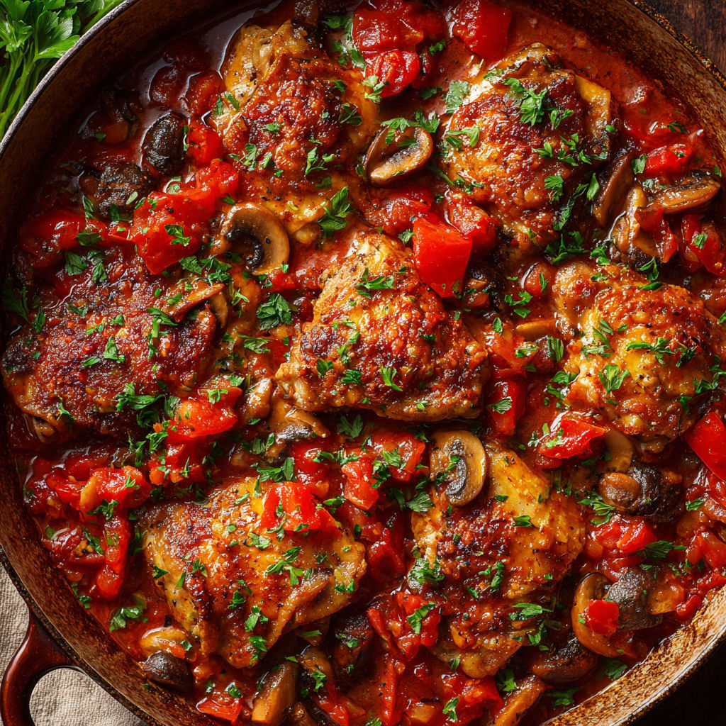 Un bouillon de poulet cacciatore avec des tomates, des champignons et des herbes.
