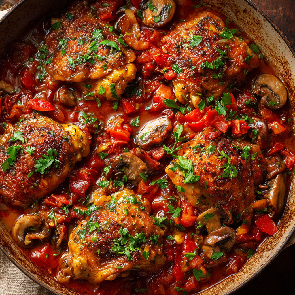 Une recette de poulet en sauce tomate et champignons, servie dans un bol en acier.