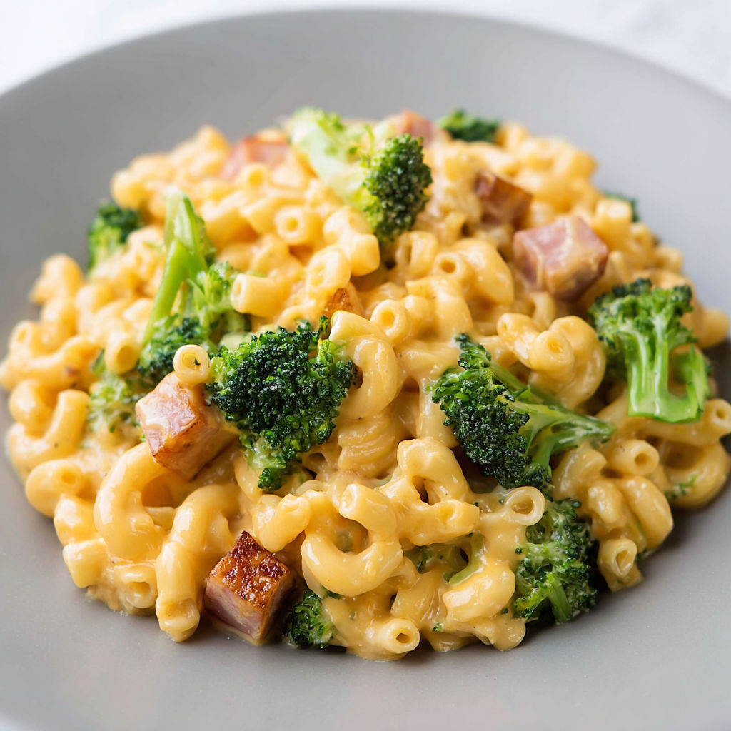 Une recette de macaroni et brocoli avec des morceaux de viande.